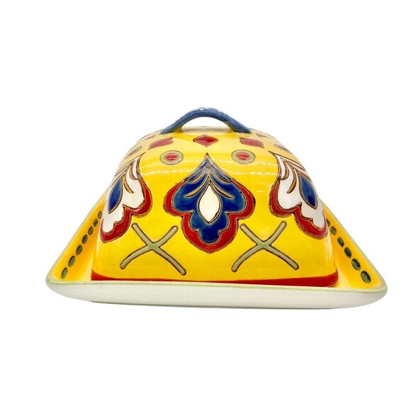 Dutch Wax Handpainted Ceramic Covered Butter Dish Square Yellow Colorful Vibrant - Picture 7 of 11